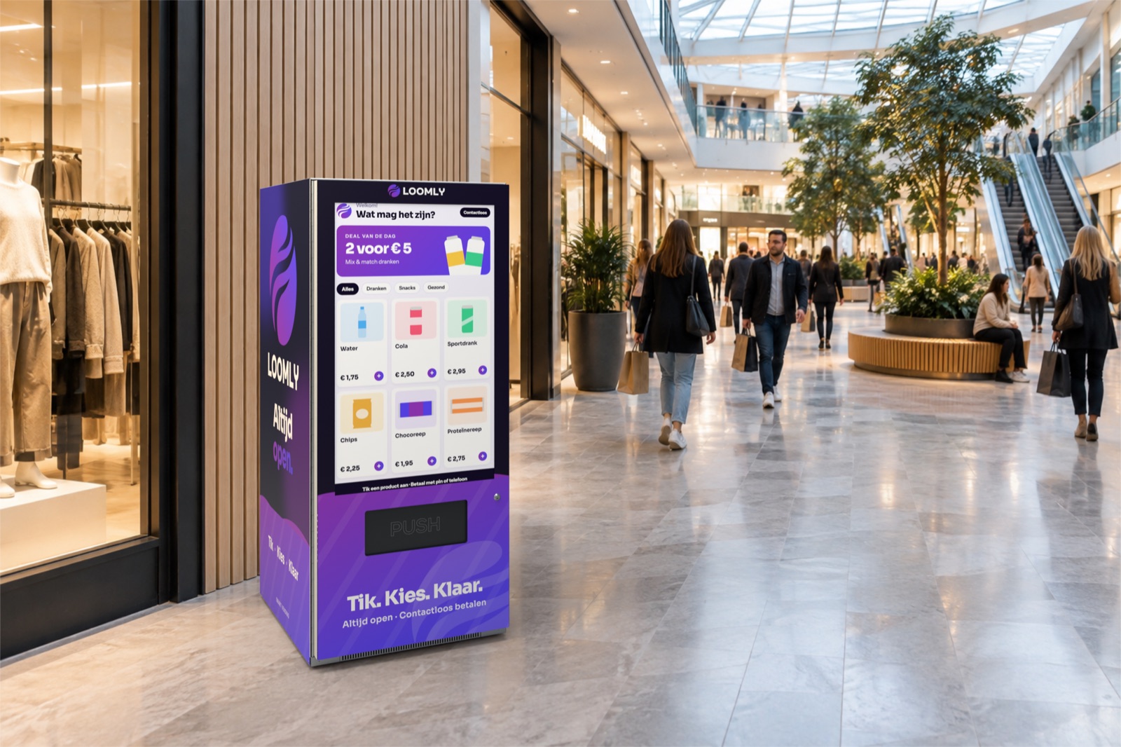 Loomly vending machine met touchscreen in een winkelcentrum